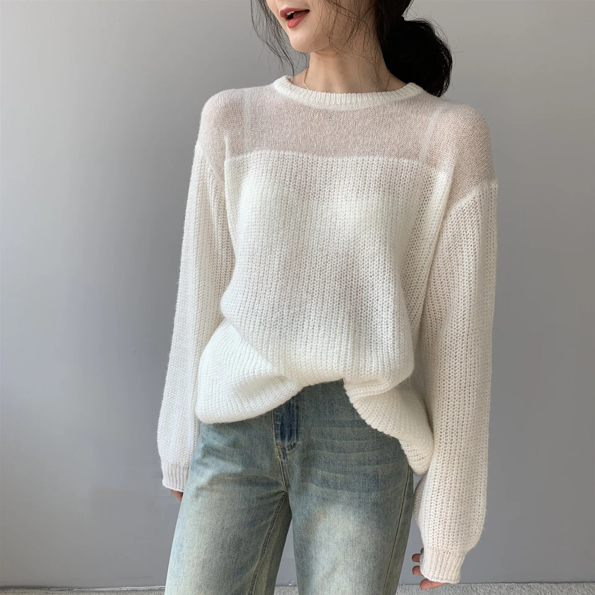 2025 New Women Sexy See Through Knit Pullovers Long Sleeve Mohair Good Quality Thin Spring Wear Clothes Sweater Pull Femme