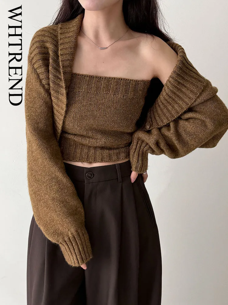 WHTREND Herbst Winter Drehen-unten Kragen Schal Pullover Mantel + Rohr Top frauen Neue Chic Stil Gestrickte Pullover zwei-Stück WH1808