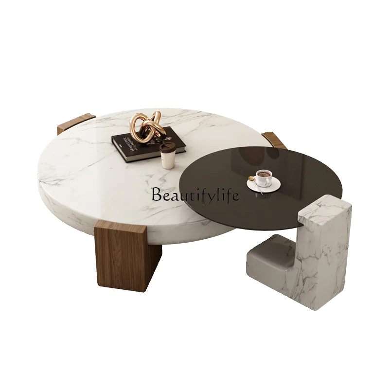 

Nordic medieval style round marble solid wood coffee table living room French simple low table