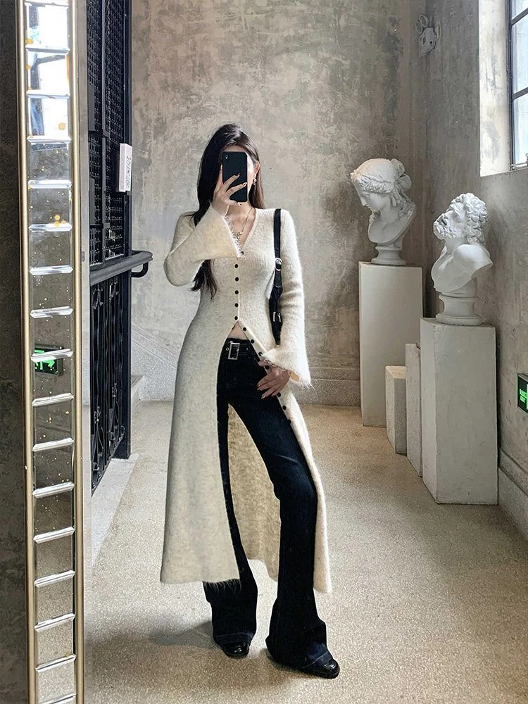 

Mid-Long Cardigans For Woman Womens Winter Turtlenecks Decorated Mohair Modal High-Fashion Half-Turtleneck Chain Drawstring Flap