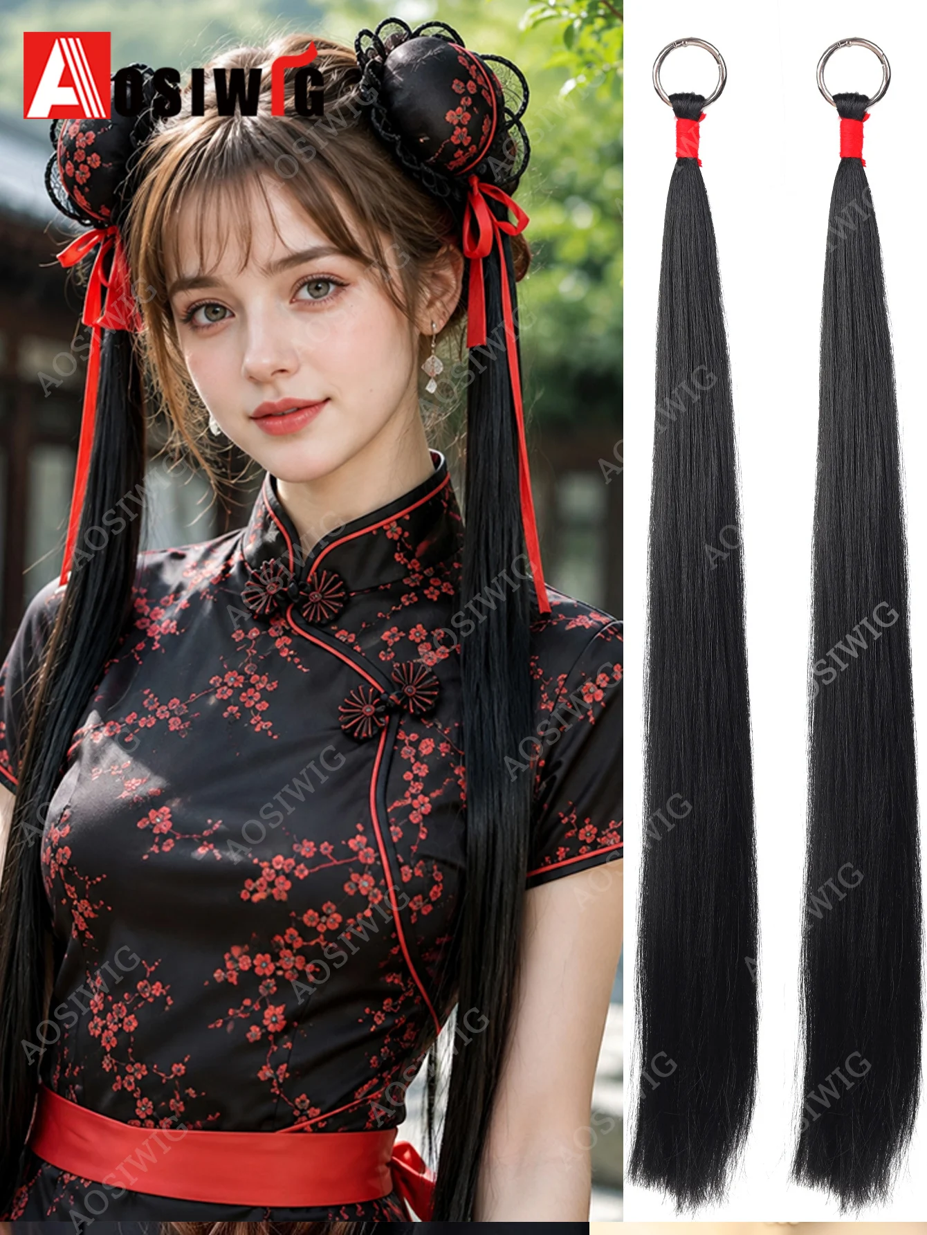 2Pcs Long Straight Ponytail Hair Extension With Ring Loop Synthetic Hair Braided Ponytail Hairpiece For Women Hanfu Cosplay Dail