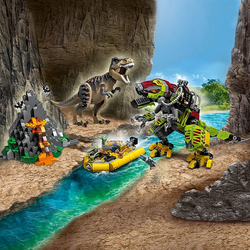 Seria Jurassic Dinosaur World Tyranozaur Rex kontra Mecha Dinosaur Mały Velociraptor Wielka Ucieczka Zabawka dla Dzieci Prezent 75938