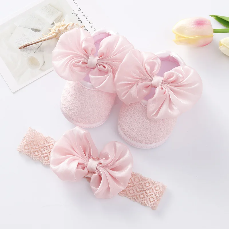 

Chiffon Bow Newborn First Walkers Lace Headband Set Bowknot Shoes Baby GirlsSoft Soled Toddler Princess Shoes Moccasins Footwear