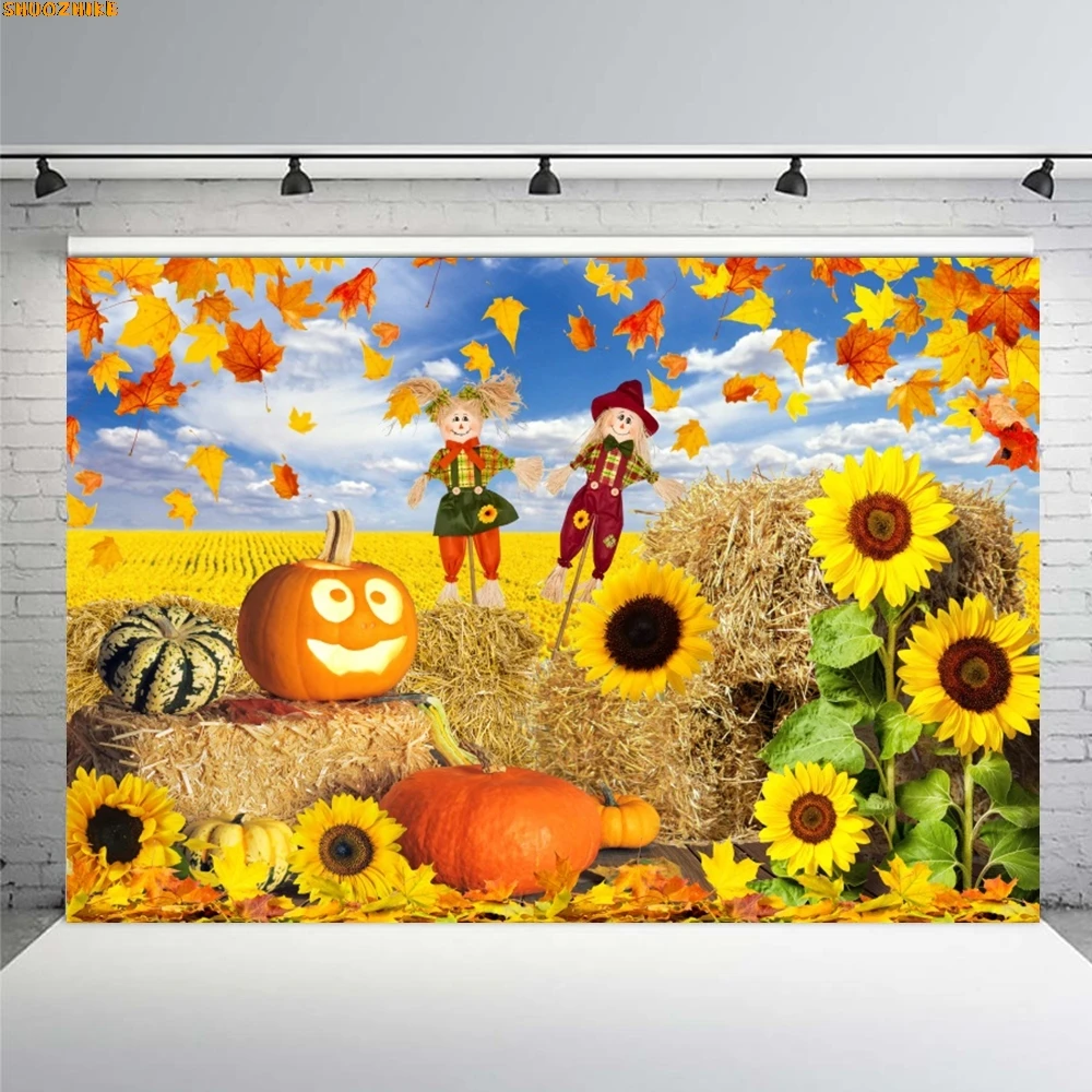 

Fall Rustic Wooden Door Pumpkins Photography Backdrop Autumn Maple Leaves Sunflower Barn Thanksgiving Party photocall Background