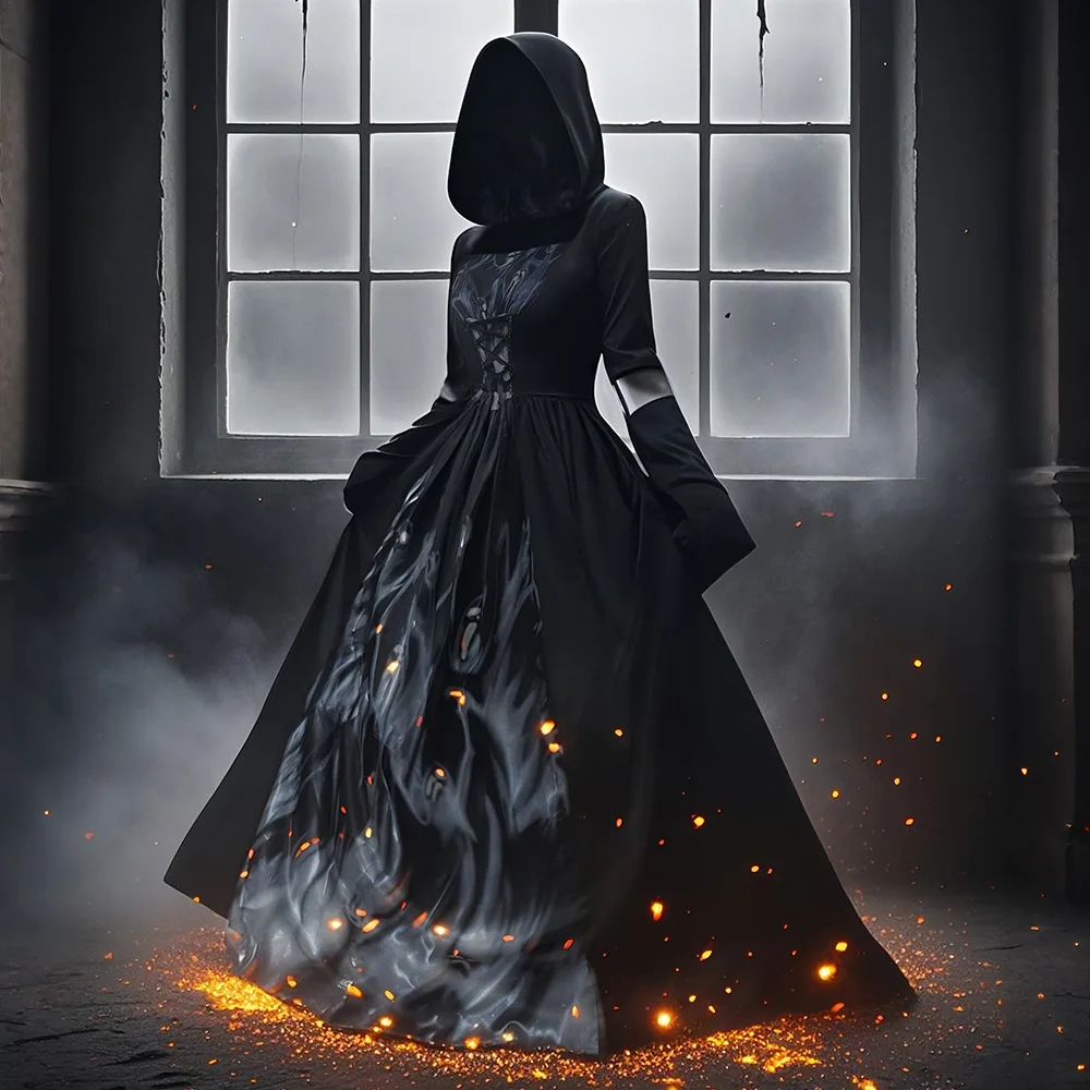 Halloween Witch Costume with Hooded Skull-Witch-Mage Cosplay Stage Performance Attire