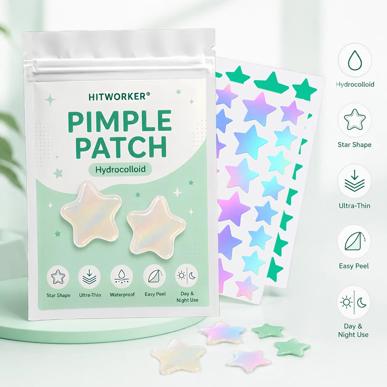 112pcs Hydrocolloid Pimple Patches, Green Star Spot Cover Stickers, Colorful Face Patch Set, Ultra-Thin Easy Peel Day Night Use