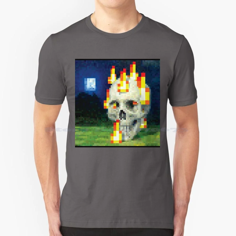 Painting Skull On Fire T Shirt 100% Cotton Tee Painting Burning Moonlight Skull Pixel Art Wither Installation Steve Mincraft