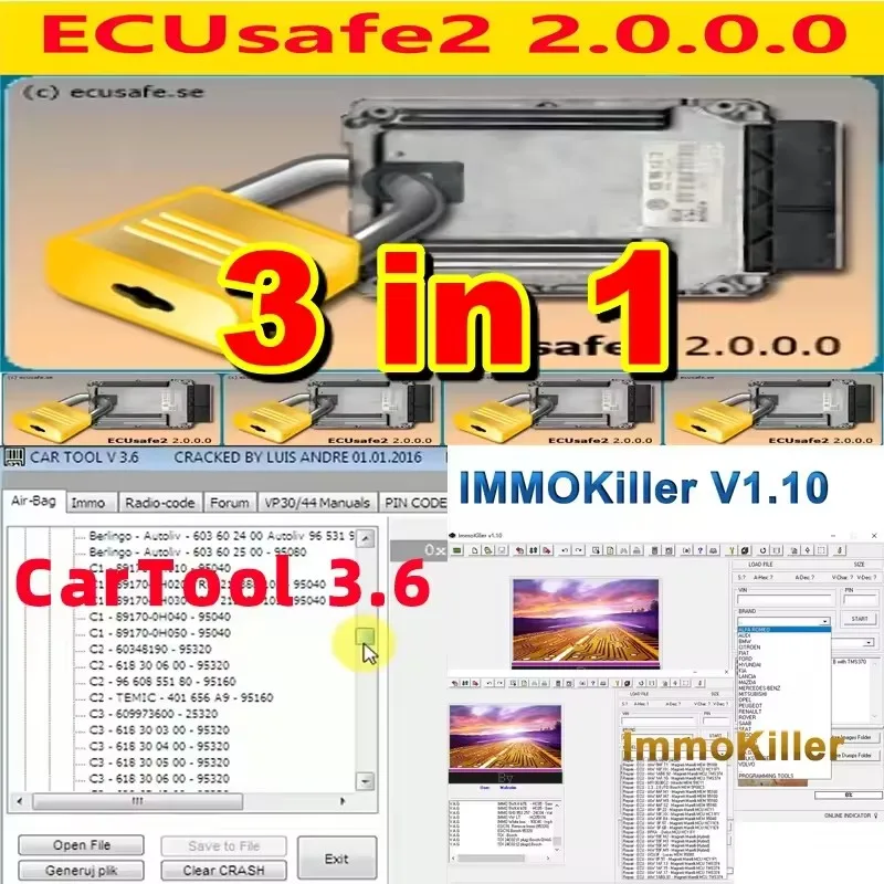 

ECUSafe 2.0 + ImmoKiller v1.1 + CarTool 3,6 Software ECU herramienta de programación para reparación de automóviles que pasa la