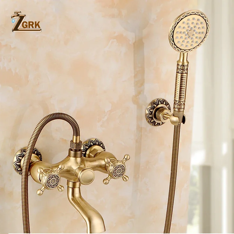 ZGRK Antique Brass Shower Faucet Single Handle Wall Mounted Bathroom Shower Mixer Tap Crane With Hand Shower Head Faucet Set