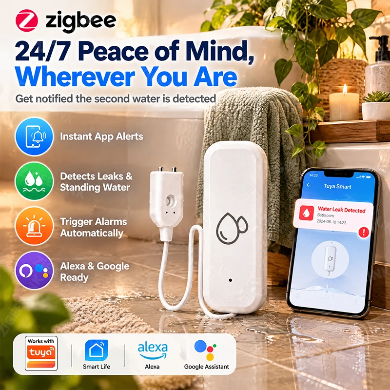 Wireless Zigbee Water Leak Sensor Smart Flood Detection Alarm with Detection Probe For Sink Bathroom Kitchen Safety Protection