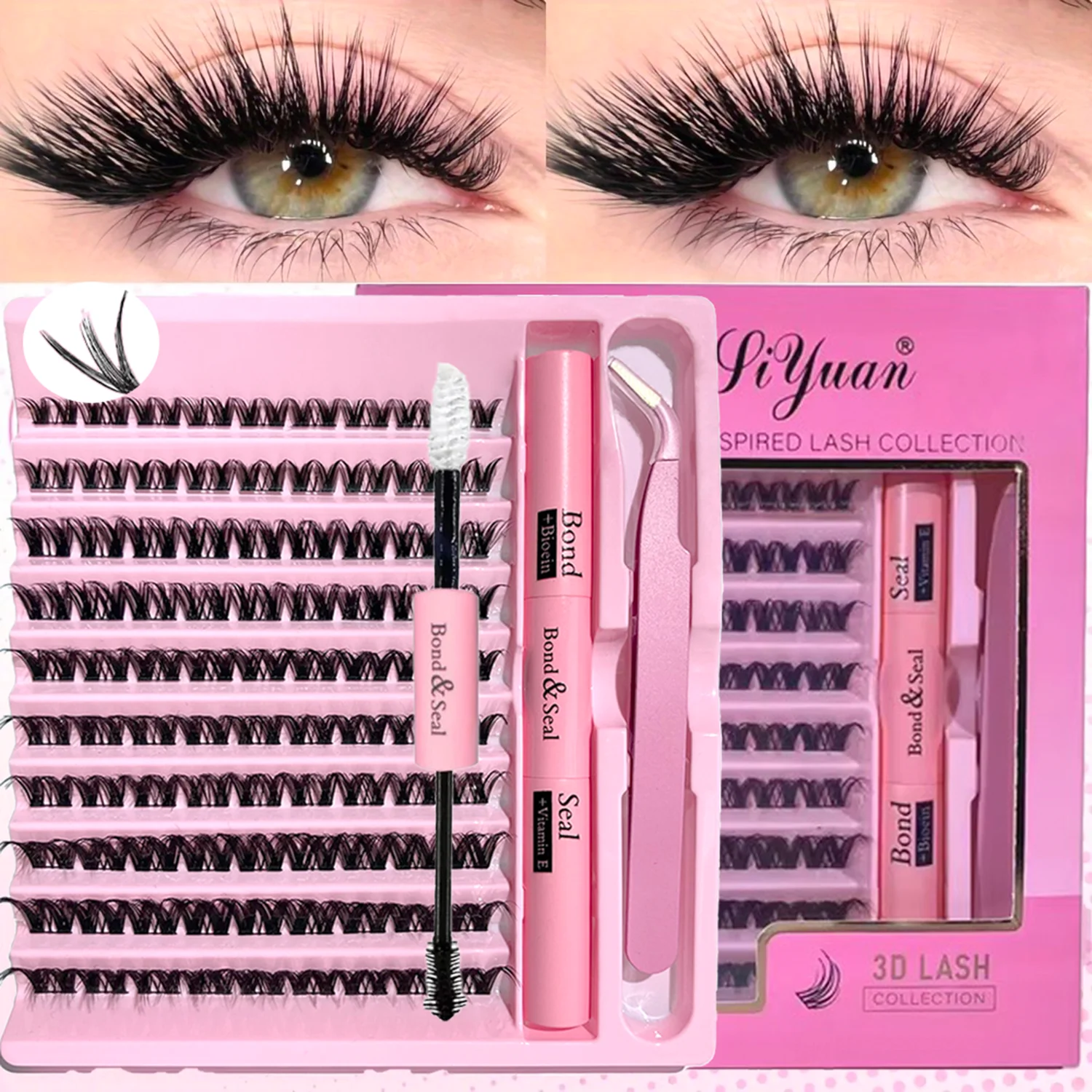 Kit de pestañas en racimo 3D DIY: sin necesidad de pegamento, fácil de aplicar y quitar, levantamiento de pestañas, herramientas para rizar y atar, aspecto natural de glamuroso, hacer ojos completos