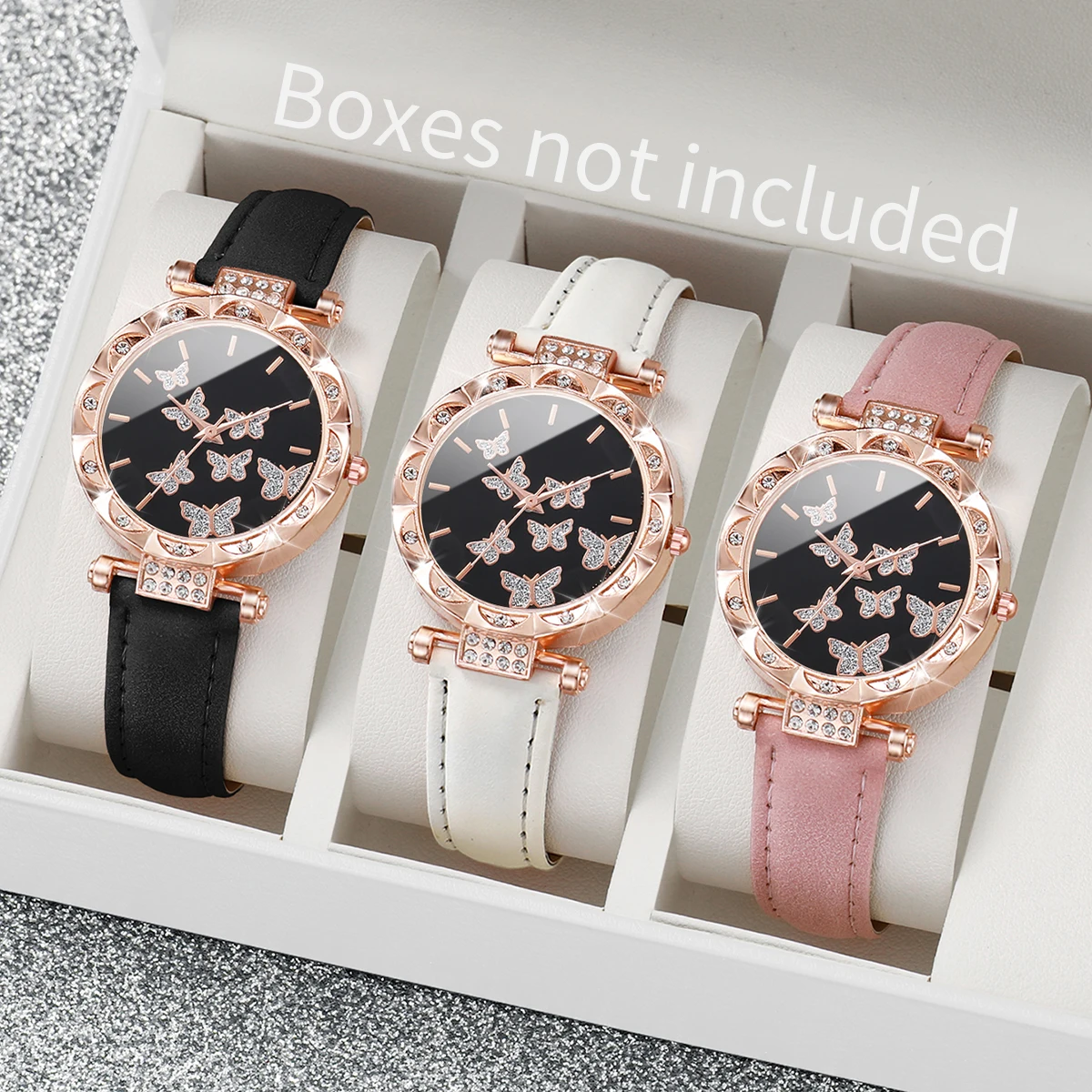 3pcs/set Women Fashion Leather Strap Butterfly Dial Quartz Watch Black White Pink Set