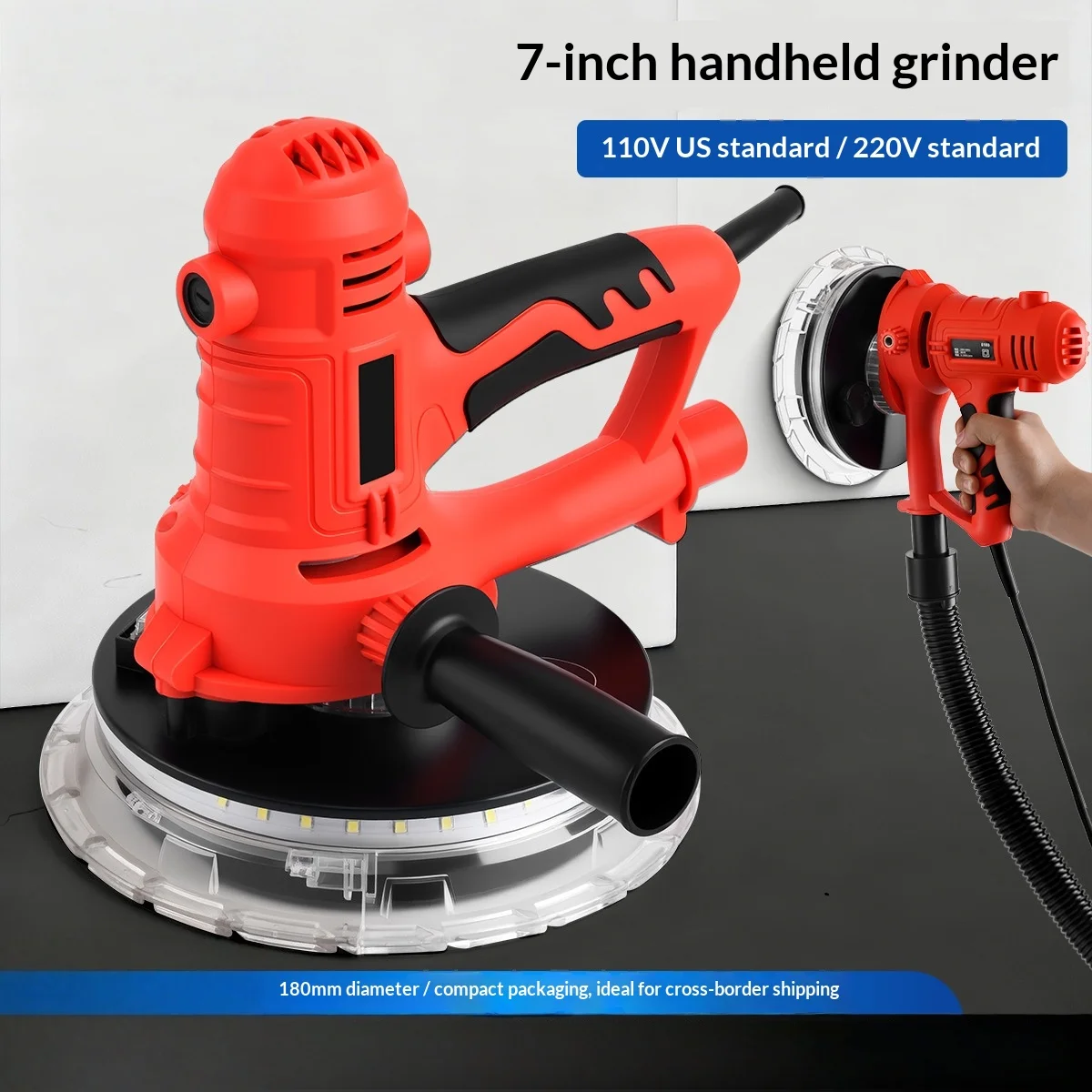 7-Inch Handheld Self-Priming Wall Sanding Machine Dust-Free Electric Polishing Machine Short Handle Putty Wall Grinding Machine