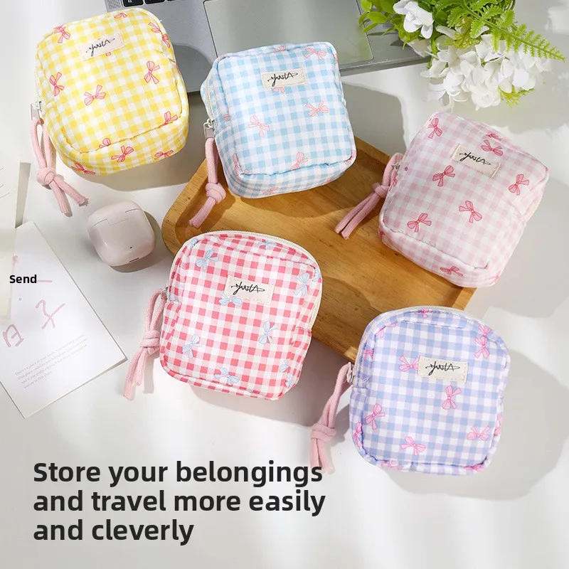 

Korean Quilted Cotton Plaid Bow Makeup Bag Women Cosmetic Bag Sanitary Napkin Storage Bag Student Coin Purse Key Headphone Pouch