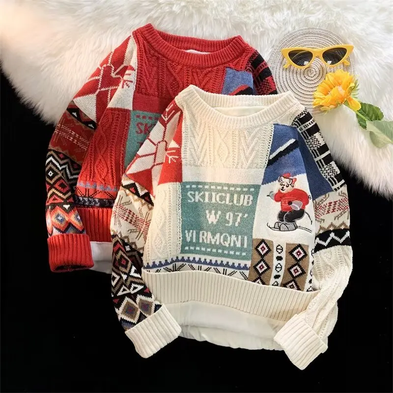 

Cisas Thiened Fce Men's Knitted Sweater Hong Kong Sle Loose Fit Polyester Fiber Long Sve Overhead Coat