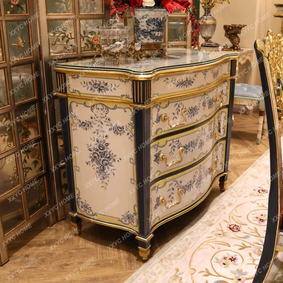 Chest cabinet palace style luxury romantic solid wood blue and white flower hand painted carved dining side cabinet foyer