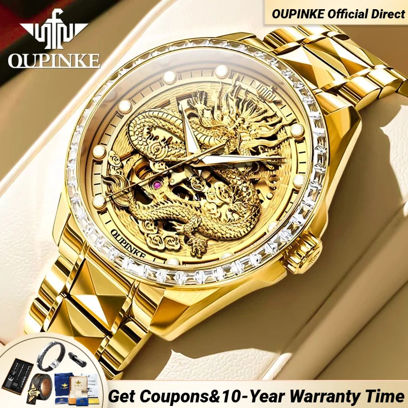 

OUPINKE 3276 Gold Dragon Automated Men's Watches Imported Movement Tungsten steel Band Sapphire Mirror Men's Wristwatches Luxury