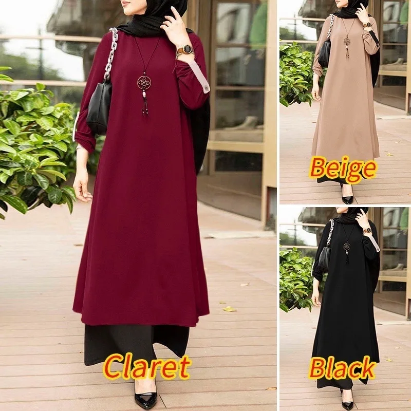 Women's Muslim style Arab style temperament Solid color minimalist style round neck long sleeved side slit dress