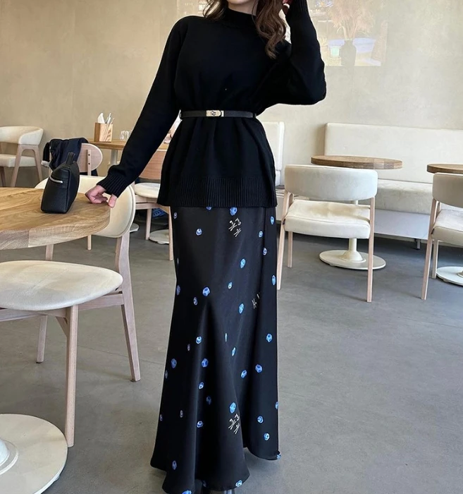 Women's 2 Pieces Skirt Set 2024 Autumn Winter Elegant Polka Dots Solid Color Headset Long Sleeves Versatile Sweater Skirt Set