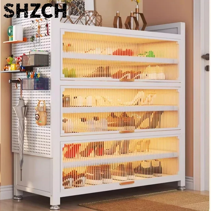 Steel Flip-Door Shoe Cabinet, Large Capacity Dustproof Organizer, Tiered Elevated Storage Rack,Modular Silent Rolling Shoe Shelf