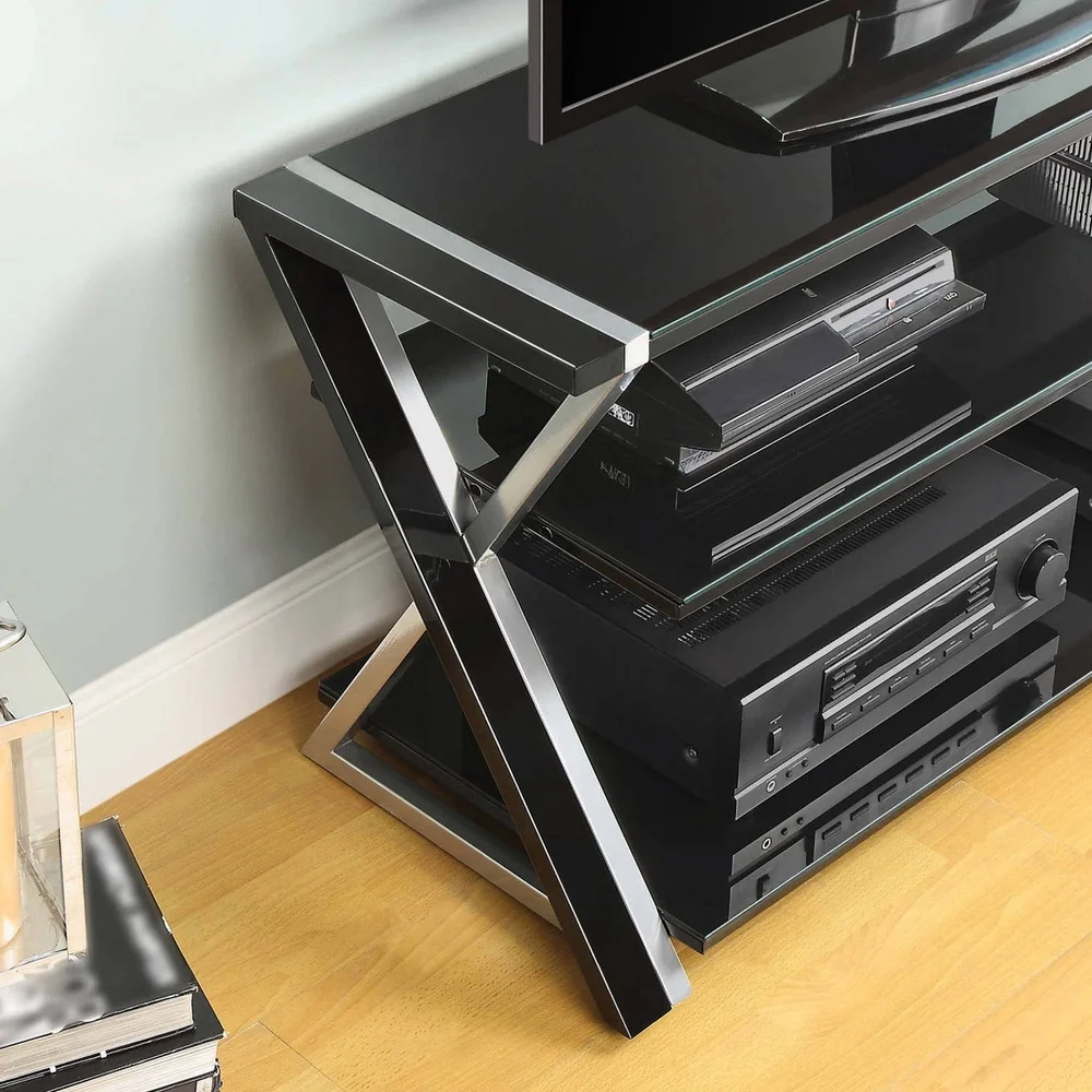 Modern Black TV Stand 60 Inch Flat Panel TVs with Tempered Glass Shelves and Cable Management System
