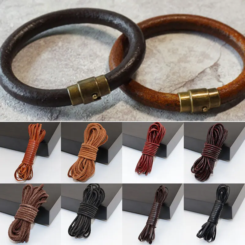 5M Retro Round/Flat Leather Cord 3 Colors 3mm Natural Genuine Cow Leather Cords for DIY Handmade Braided Necklace Bracelet