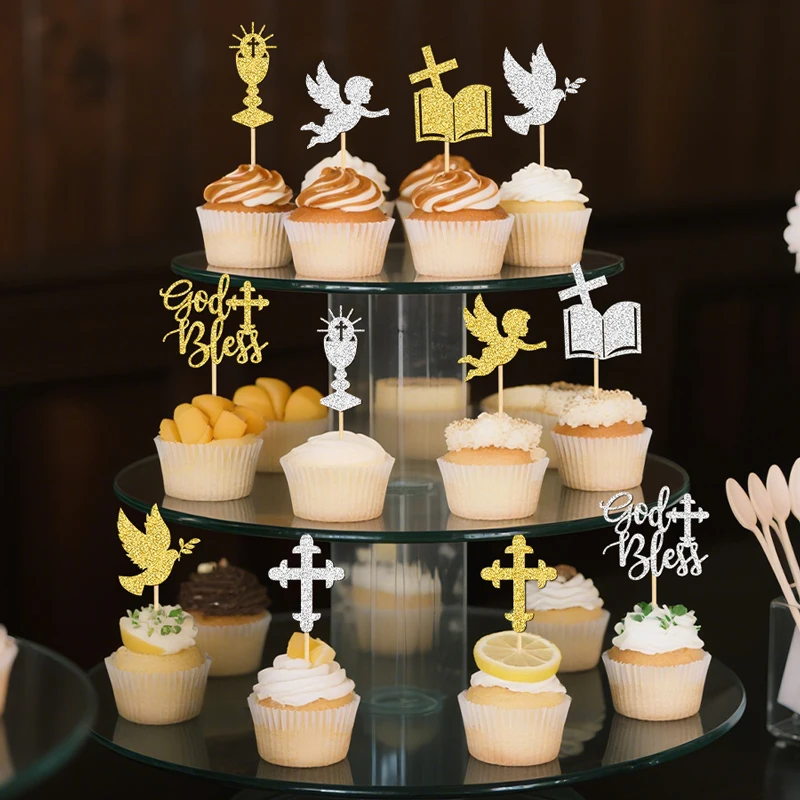 NUBECOM 24 Stück Göttliche Cupcake-Dekoration, glitzernde Segens-Design-Kuchenaufsätze für Taufe, Dekor, Taube, Engel, Kelch, Bibel, Kreuz – Detail 12