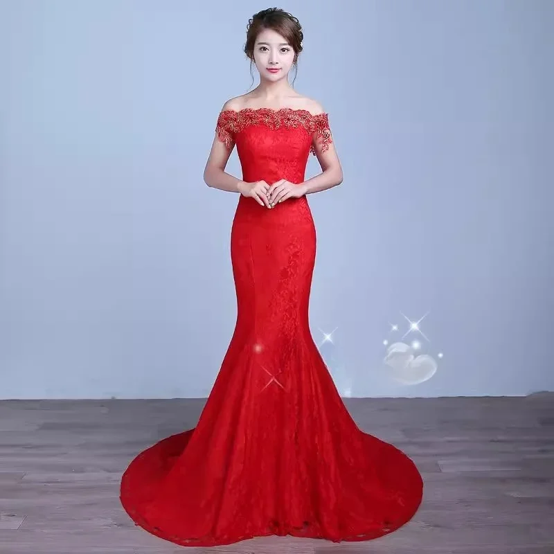 

Red Wedding Dresses Cheap Simple Lace Crystal Appliques Off the Shoulder Trumpet Mermaid Trailing Plus size Bride Gowns XN085