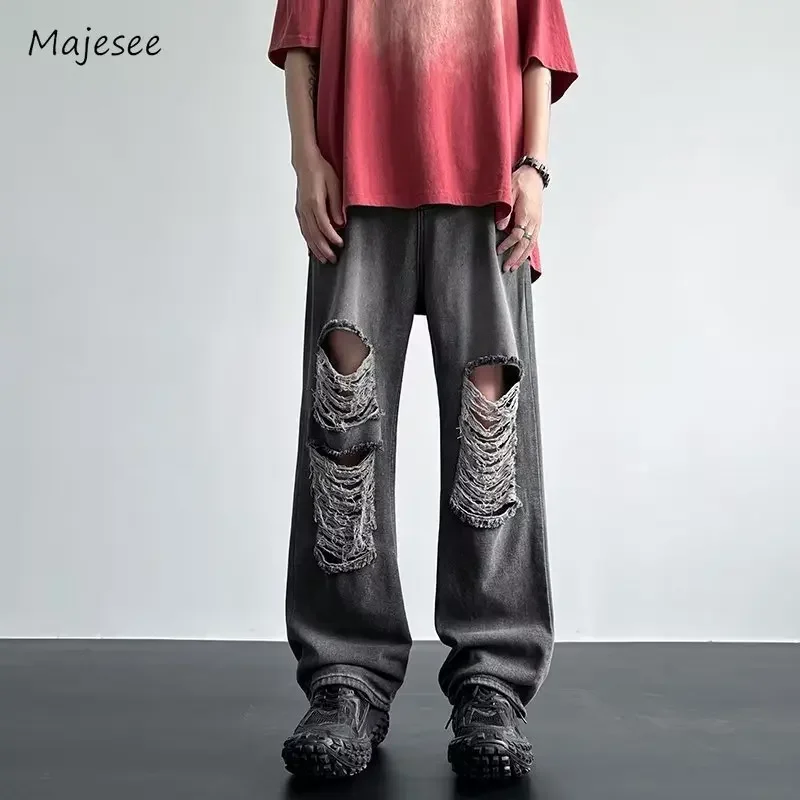 Jeans Männer Distressed Loch Unisex Gerade All-match Chic Sommer Lose Gewaschen Vintage High Street Amerikanischen Stil Denim Mode