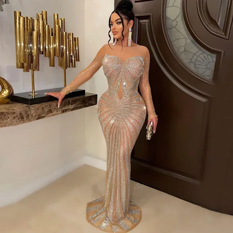 Luksusowe świecące kryształki Rhinestone suknie wieczorowe syrenka dla kobiet suknia wieczorowa klub nocny siatkowa przezroczysta obcisła sukienka Maxi elegancka