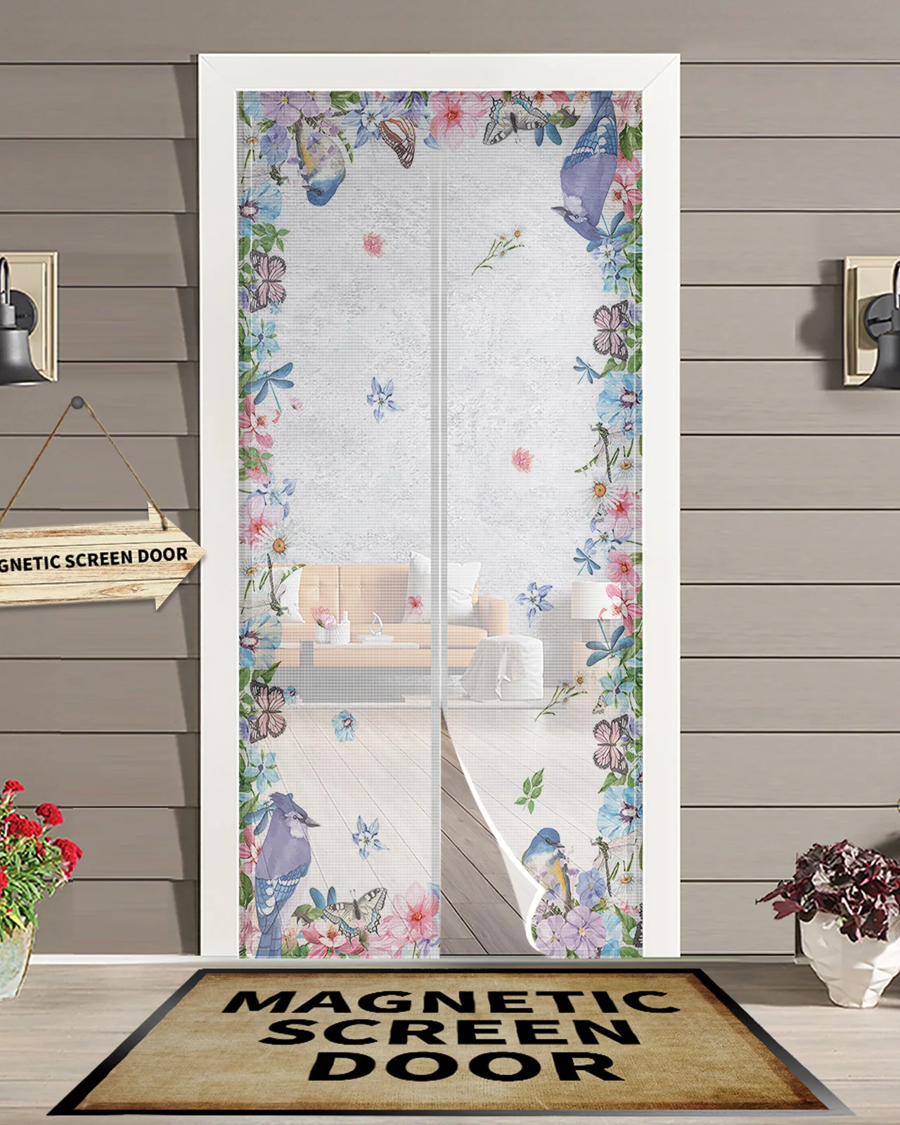 Spring Flowers Watercolor Butterfly Bird Summer Magnetic Screen Door Curtain Anti Mosquito Net Insect Fly Bug Kitchen Curtains