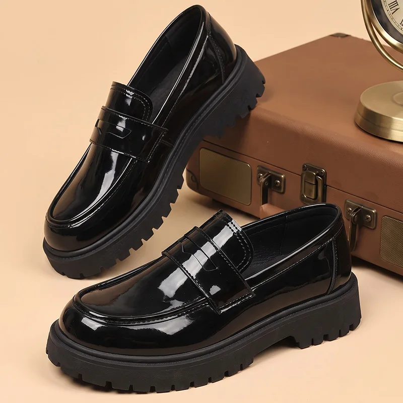 Men Casual Penny Loafers Glossy Finish Chunky Lug Sole Slip On Dress Shoes Retro Streetwear Daily Commute Footwear