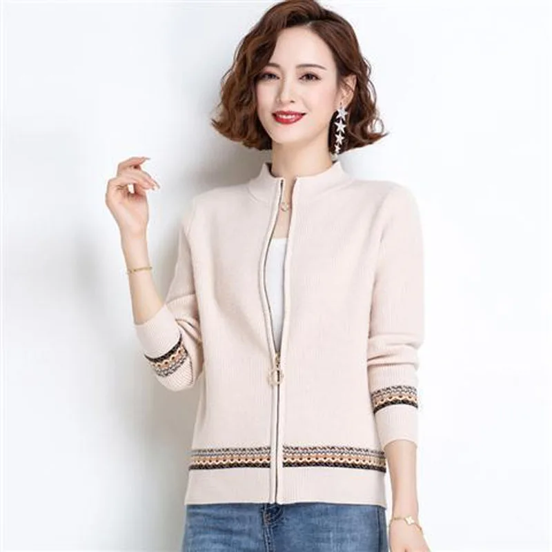 Chinese Style Printing Zipper Premium Cardigan Half High Collar Thick Women\'s Clothing Slim Embroidery Hot Selling Wild Knitting