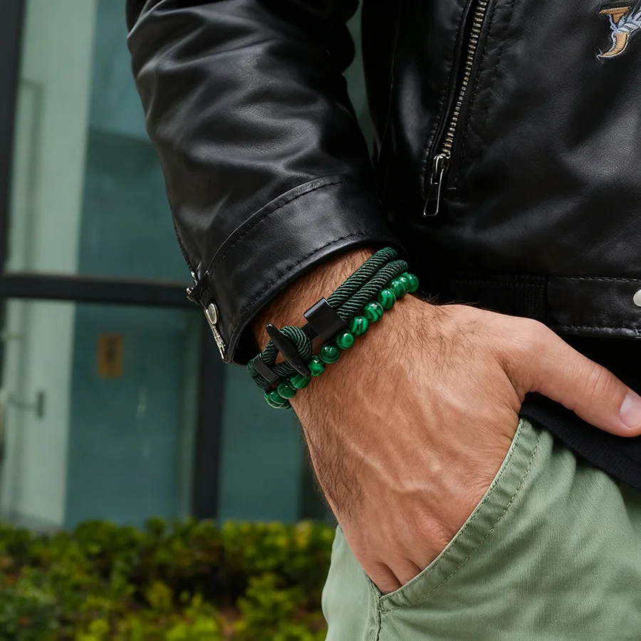 Noter Stylish 2Pcs Men Bracelet Set 6 Colors Available Hiphop Nautical Wrap Rope Braslet Tiger Eyes Onyx Stone Strand Braclet
