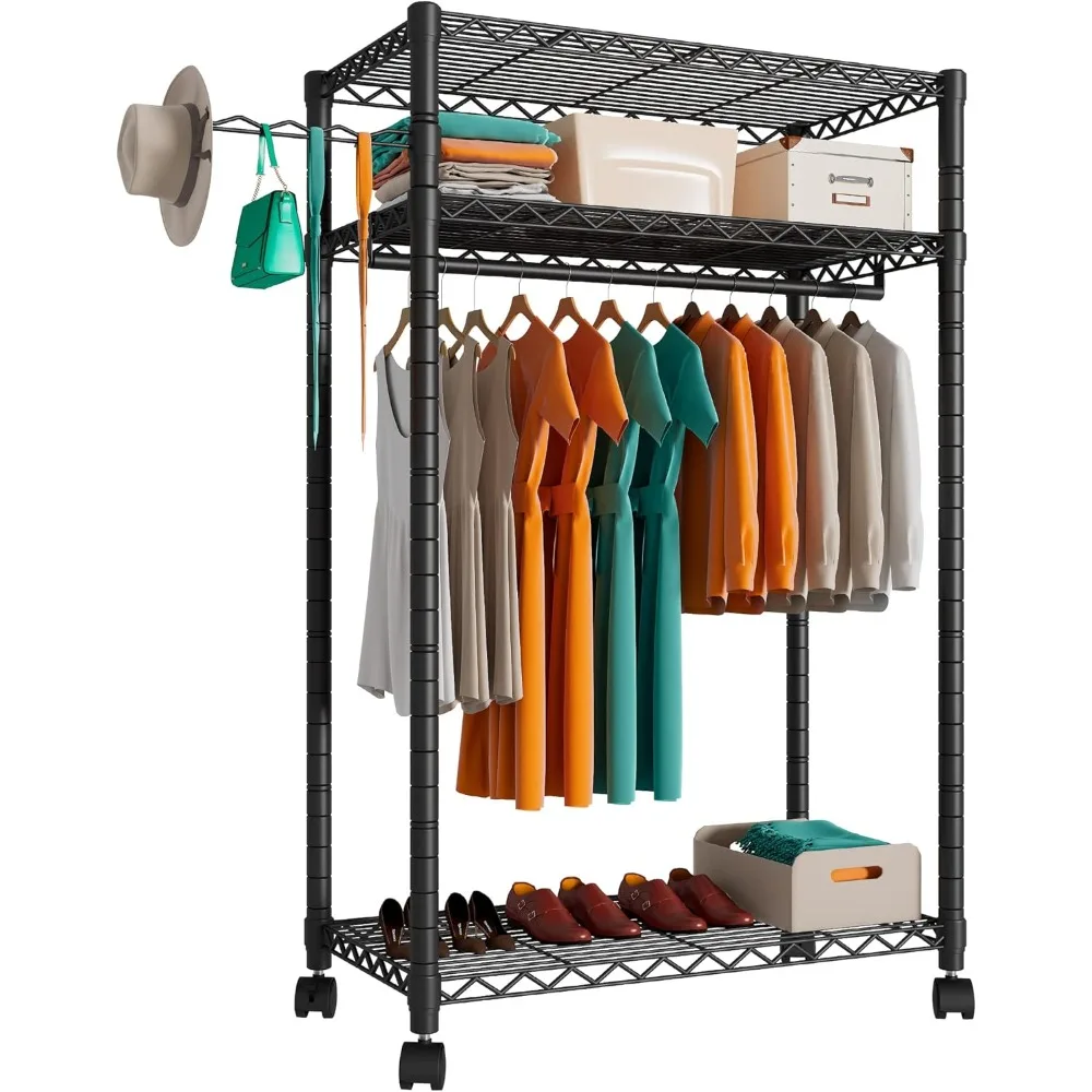 

Heavy Duty Rolling Garment Rack,Portable Clothes Rack for Hanging Clothes,Clothing Rack,Wardrobe Storage Rack with 3 Shelves