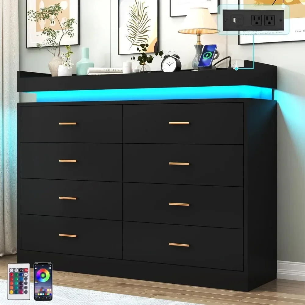 Bedroom Dresser with LED Light & Charging Station, 8 Wide Drawer Organizer Cabinet, for Living Room, Entryway, Hallway, Dresser