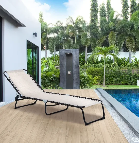 Outsunny Cream Reclining Mesh Lounge, Outdoor Breathable Chaise Bed