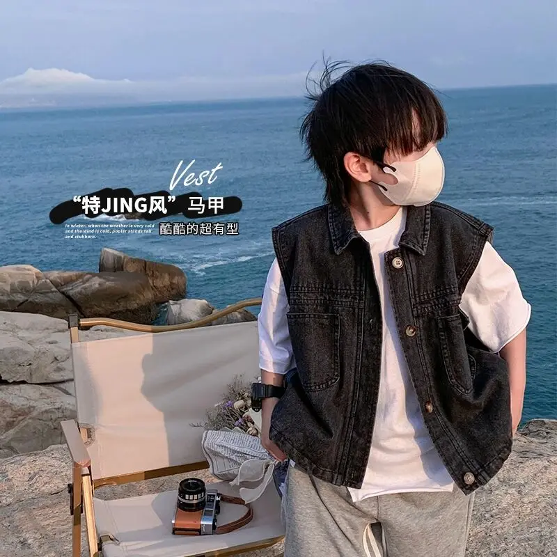 Spring Autumn Boys Vest Fashion Sleeveless Denim Jacket Top for Children Trendy Kids Clothing