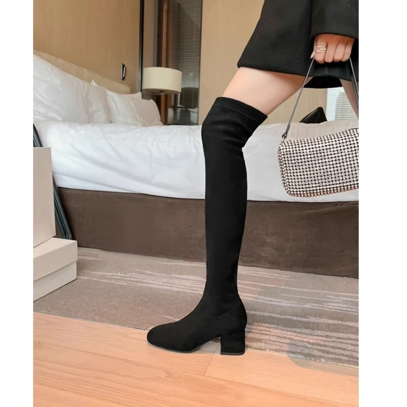 Ladies Shoes 2023 High Quality Winter Over-the-knee Modern Boots Solid Zipper  Elegant Square Toe Flat Boots Zapatos Mujer