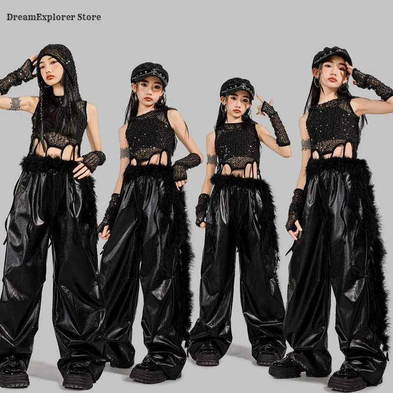 

Girls Hip Hop Cool Sequin Crop Hoodies Cargo Pants Child Street Dance Costume Kids K-pop Streetwear Jazz Girl Group Clothes Sets