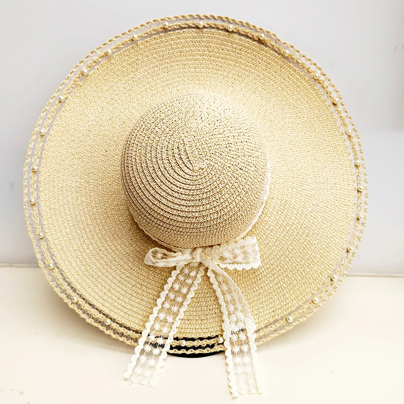 Straw Hat Nail Bead Bow Design Wide Brimmed Sun Hat 2025 Summer New Beach Vacation Sun Protection Beach Hat Sombreros MAXSITI U