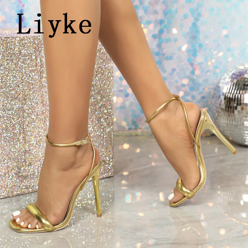 Liyke 2025 Summer Sexy Gold High Heels Gladiator Sandals Women Fashion Square Toe Ankle Buckle Strap Stiletto Party Dress Shoes