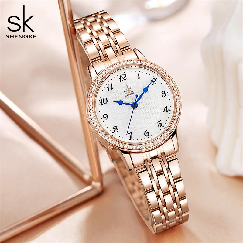 Top Brand Shengke Women\'s Watch Stainless Steel Rose Gold Simple Waterproof Luminous Ladies Watches Luxury Quartz Elegant Clock