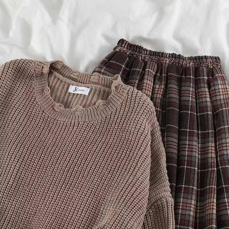 Preppy Vintage Sweater Two-piece Set Women\'s Loose Knit Pullover Autumn High Waist Coffee Plaid Skirt Gentle Girly Suit