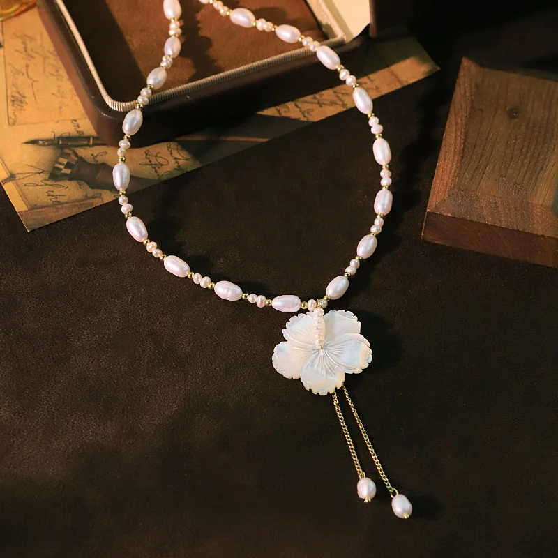 Original Natural Pearl Flower Tassel Pendant Shell Bead Necklace for Women Charm Luxury Collarbone Chain Choker Jewelry Gifts