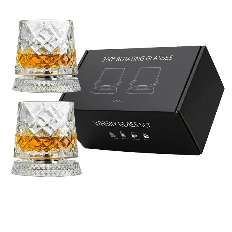2PCS Rotating Whiskey Glasses with Base 360 Degree Crystal Whiskey Tumbling Glass Set for Gathering Home Bar Cocktail Gift Box