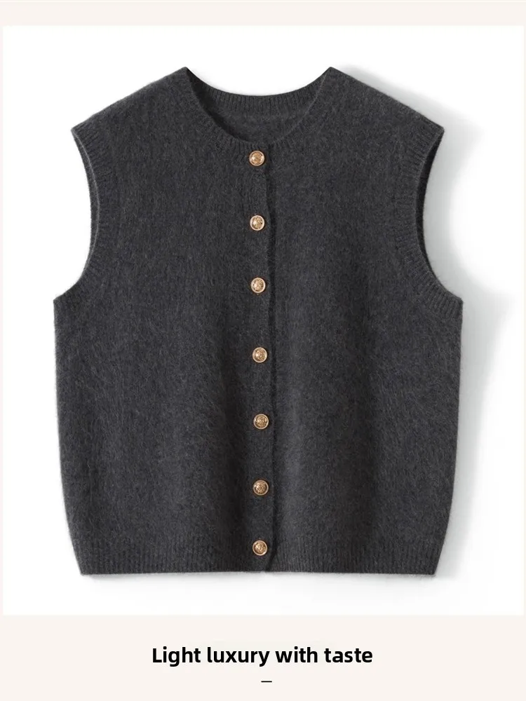 

Fce-Lined Camere Open Cardigan Women's Color Knitted Vest round Ne Svel Warmth Layering Faion