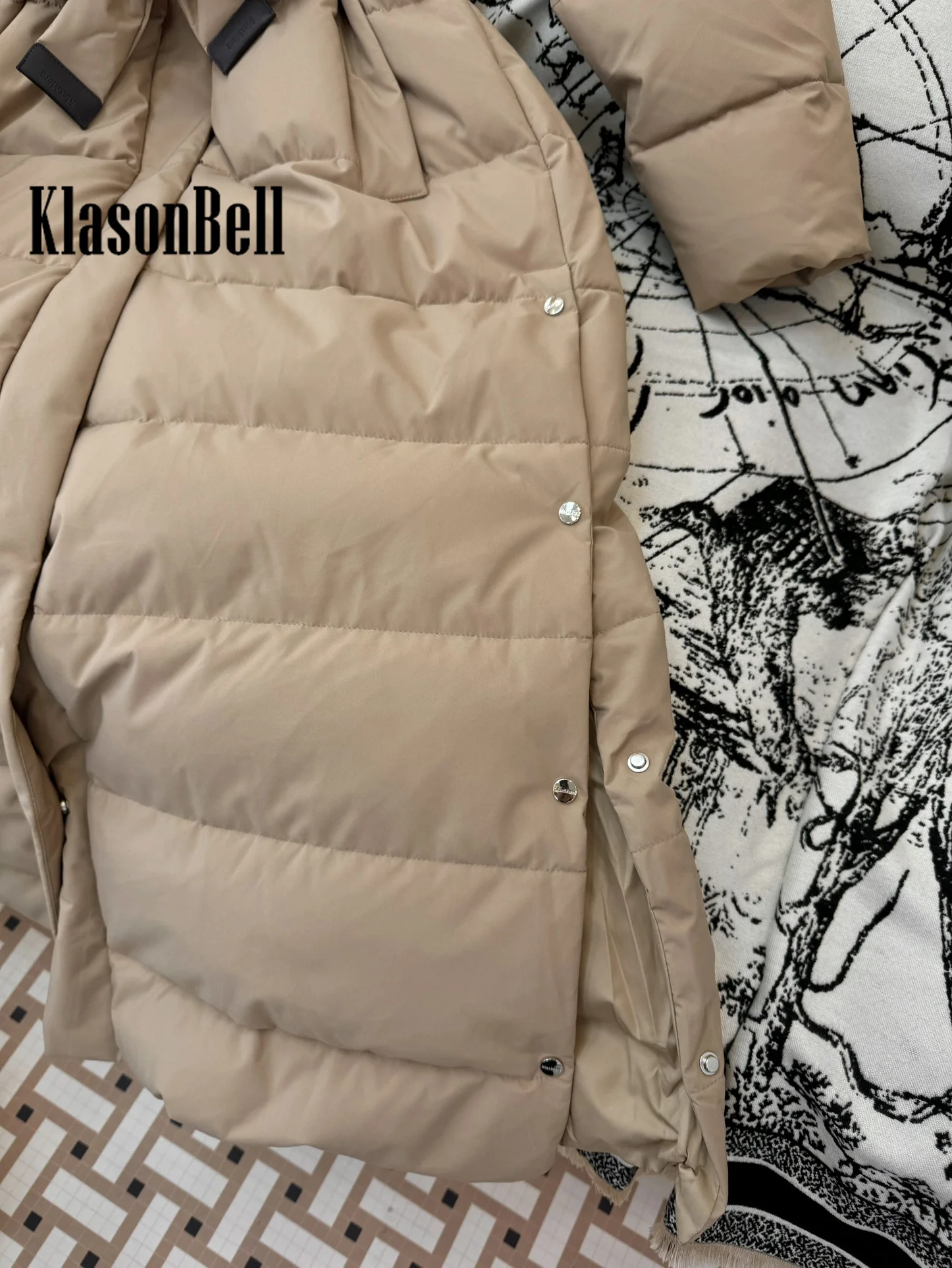 9.6 KlasonBell Women Fashion Fur Hooded Long Sleeve Jacket Thick Keep Warm White Goose Down With Sashes Loose Down Outerwear