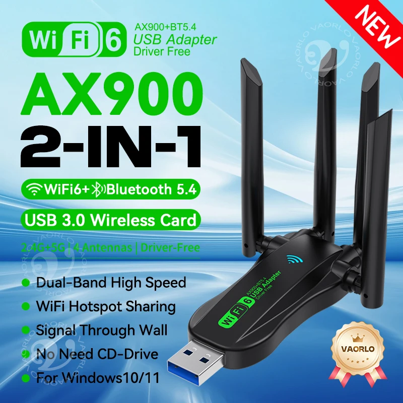 WIFI6 AX900 USB WiFi Bluetooth 5.4 Wireless Adapter Dual Band 2.4G+5GHz 4 Antennas 900Mbps Network Card Receiver For WIN 10/11