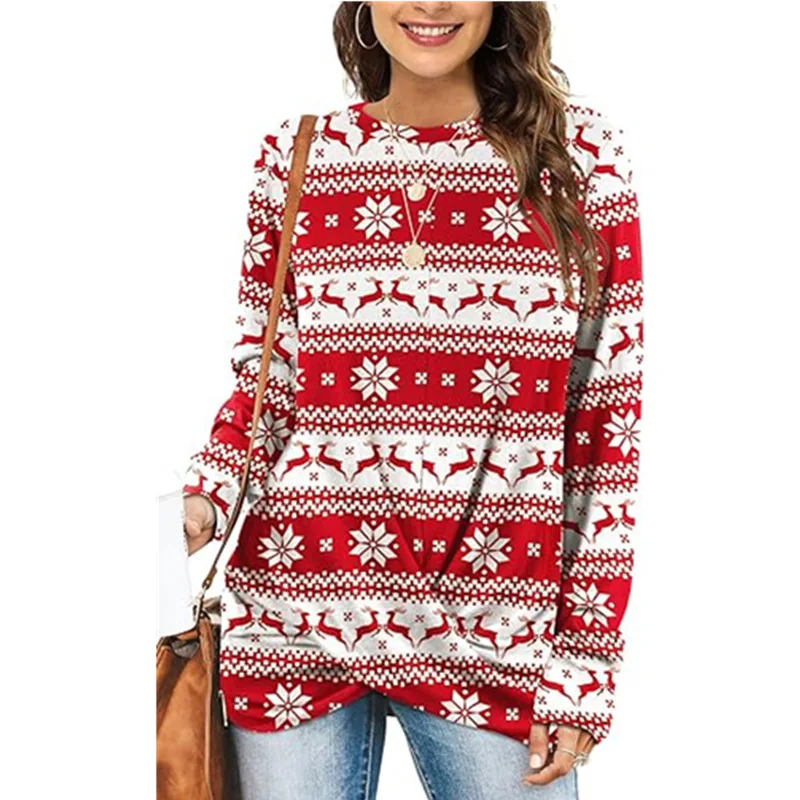 VOLEEMI 2024 Women's Round Neck Snowflake Print Long- Sleeved Kinked Christmas T-shirt Top Xmas Buffalo Plaid Tree Sweatshirt